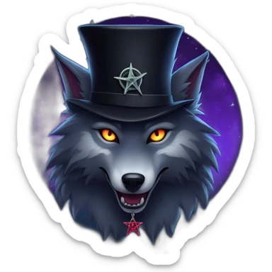 demonic wolf with a pentagram top hat and a pentagram chain with a haunting night background sticker