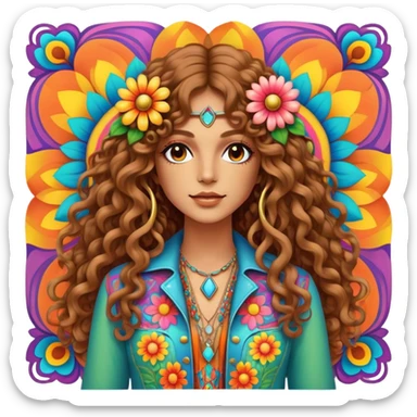 Create a 3D ultra detailed psychedelic colored square hippie style flower border with a gorgeous hippie in the center with long curly hair, bell bottoms, and a fringed jacket sticker