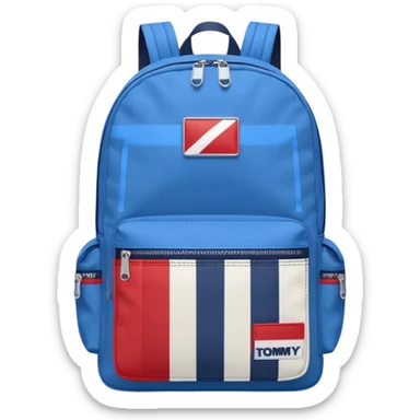 simple blue backpack, at the bottom pocket there is a  logo featuring a Tommy Jeans-inspired logo. The logo looks like a vertically one red, one white. The flag stripes are vertical, not horizontal. Flat

 sticker
