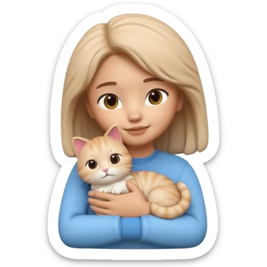 "Apple Memoji style 3D character, a young person gently petting and hugging a cute fluffy cat, peaceful and happy facial expressions, soft studio lighting, clean 3D clay render, vibrant colors, minimalist aesthetic, high detail, high resolution, isolated on a plain white background." sticker