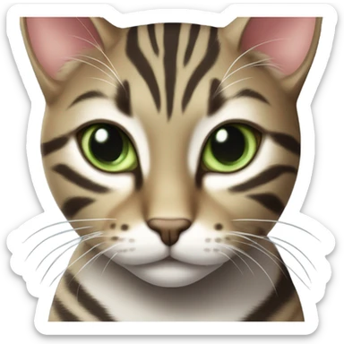A tabby cat with a white chest and paws, large green eyes, and perked ears. It has a sleek, striped coat with a mix of dark gray and brown tones. sticker