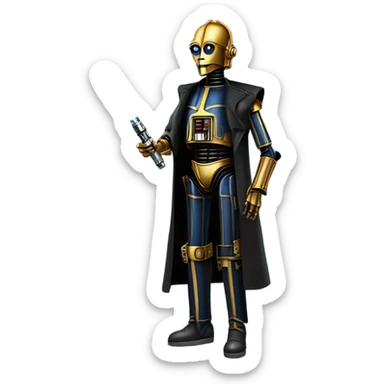 tough well-equipped jedi first order life-sized darkblue-pearl C3po as a friendly bounty hunter droid wearing a leather clothing old west duster coat holding light saber sticker