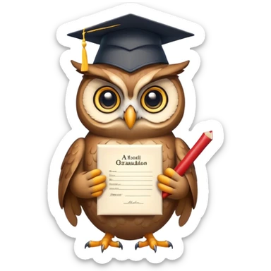 Owl smiling with graduation hat and diploma in claws sticker
