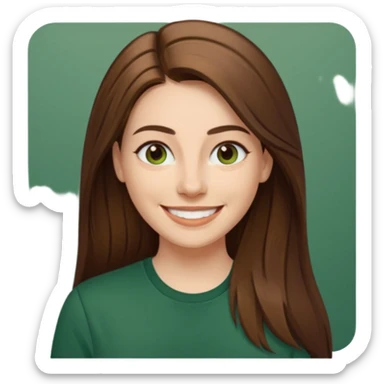 30 yr Caucasian woman long brown straight hair parted on side dark green shirt big smile sticker