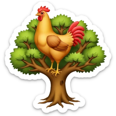 a tree with no leaves and a huge chicken on top sticker