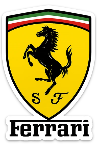 Ferrari logo, iconic prancing horse, yellow shield, red, black, and green accents, clean and bold, suitable for branding sticker