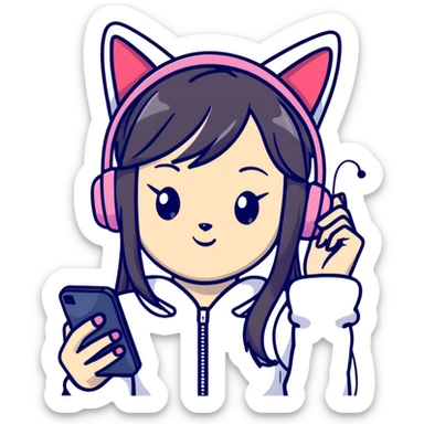 Super kawaii Japanese girl with long hair wearing cat ear headphones and holding a mobile phone sticker
