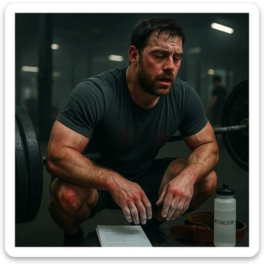 In the style and palette of the reference image, show a muscular 30-year-old man doing a heavy squat in a gym, tired face, hands with chalk, diary nearby, dark circles and redness on joints. On the floor: water bottle, magnesium, belt. Blurred gym background with cold lighting. Cinematic realism. sticker
