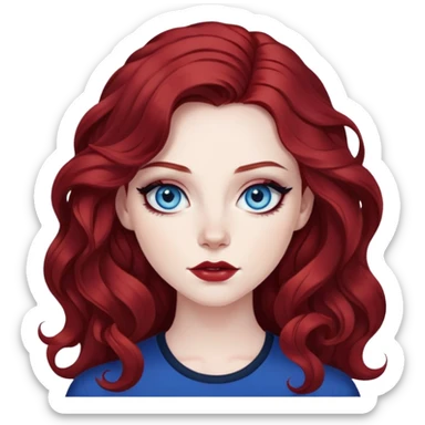 pretty baddie, dark red wavy hair, pale skin, long hair, blue eyes, bold black eyeliner sticker