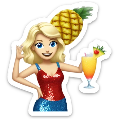 blonde white woman with blue eyes dancing in short red sequin dress while holding pineapple cocktail sticker