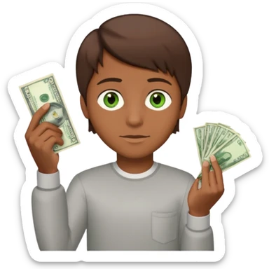 green eyes. handsome. young man. brown skin. brown hair. straight hair. short hair. white race. Holding money with his left hand sticker