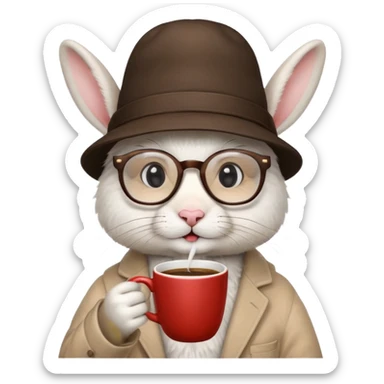 rabbit drink coffe with hat and glasses sticker