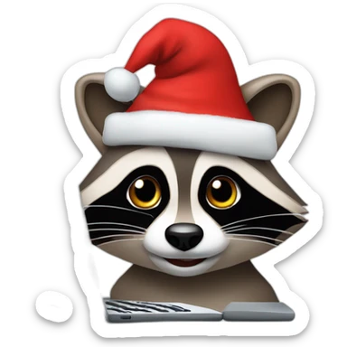 the face of a raccoon with a christmas hat working on a laptop sticker