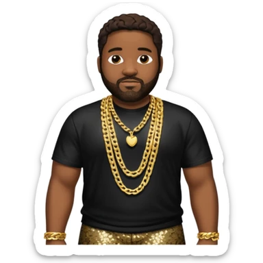 Gerald Levert with dark brown hair, black sequin baggy pants, shirtless with necklace sticker