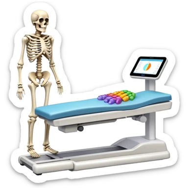 Medical DEXA scan showing bone density measurement, with skeleton visible and colored areas showing density levels sticker