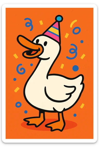 a silly goose, wearing a party hat, whimsical, cartoon style sticker