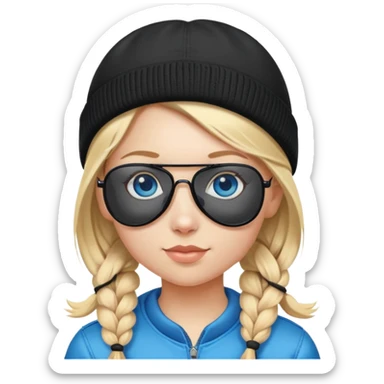 girl with pigtailed blond hair
with blue eyes and aviator sunglasses

wearing a black plain beanie sticker