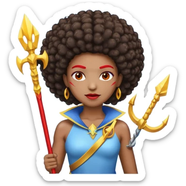 Emoji metisse femboy mais plus masculin avec drapeau ukrainien arriere plan, un afro, sourcils rouge, fourche trident, et eclairs et sur fond bleu clair irrisé. sticker