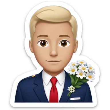 Homme avec bouquet fleurs blanches, avec uniforme bleu foncé cravate rouge, arabe raie sur le côté sans chapeau juste insigne sans bouton manchette et un peu bronzé sticker