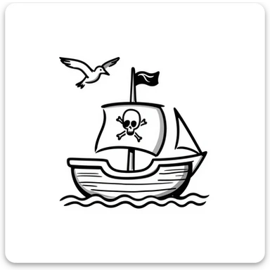 hand-drawn doodle style pirate ship with sketchy lines and playful flag sticker
