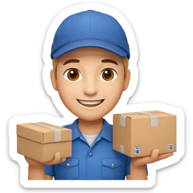 3D Apple-style emoji of a delivery worker holding a cardboard package. Wearing a cap and uniform shirt, smiling expression. Rounded, glossy, smooth, soft shadows, white background.




 sticker