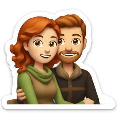 Redheaded woman and brown haired man cuddling by the fireplace sticker