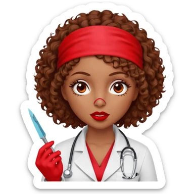 Lilith scalpel in hand, evil surgeon sexy surgeon clothes.  She has red eyes.Her  brown curly hair. Wears sexy doctor outfit with red gloves. Hides mouth necknose with red bandana to hide her identity. Hair is long and brown sticker