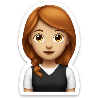 A girl with brownish red hair that has side bangs and a black top sticker