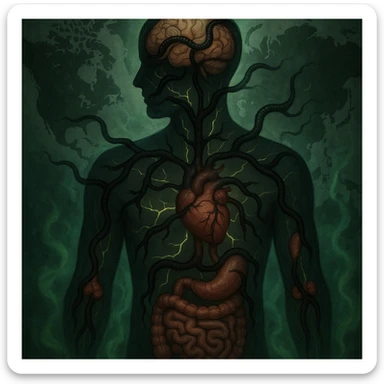 semi-realistic, allegorical; human silhouette with visible organs, dark worm-like parasites branching into brain, heart, gut, joints, world map background, glowing cracks, green mist, medical-fantasy sticker