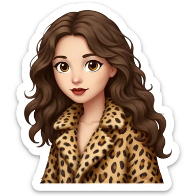 Brunette girl with long wavy hair in leopard fur coat  sticker