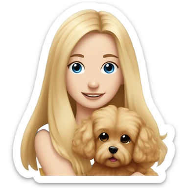 Blonde girl with very long straight hair and blue eyes is hugging a small caramel maltipoo sticker