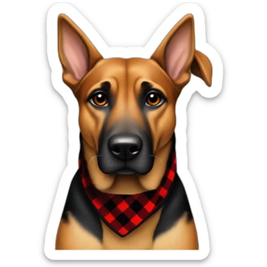 75% Coonhound 25% German Shepherd mix dog wearing small pointed red buffalo plaid bandana pointing down side view full body facing left sticker