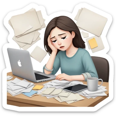 tired woman at a desk with a MacBook, surrounded by messy papers, emphasizing disorganization sticker