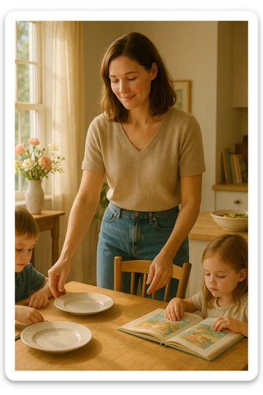 "Donna tra i 30 e i 40 anni, all’interno della sua casa luminosa, mentre prepara la tavola o accudisce i figli con un’espressione dolce e serena. Indossa abiti semplici e curati, simbolo di cura e presenza. Sullo sfondo si vedono dettagli di una casa armoniosa: fiori freschi, libri per bambini, un pranzo in preparazione. La scena trasmette calore, dedizione e stabilità familiare. Elementi visivi di supporto: luce solare che entra dalla finestra, atmosfera calda e rassicurante. Stile realistico con toni caldi e tenui sticker