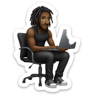 Black-guy-with-dreads-wearing-black-trackstuit-sitting-down-on-chair facing-foward-focused-on-laptop-computer- sticker