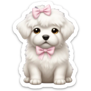 fluffy fat white puppy with pale pink bow sticker