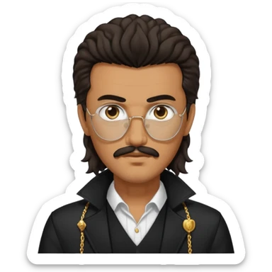 Tedros from The Idol with dark brown long hair and thin mustache, tan skin, black outfit sticker