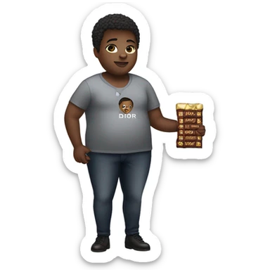 Fat African American with short hair holding a chocolate bar in a Dior shirt  sticker