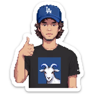 young man with a goat t-shirt, Dodgers hat, giving a thumbs down sticker