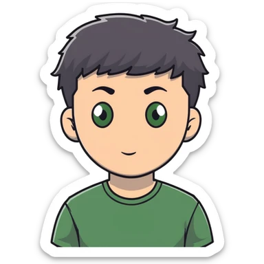 white man with dark messy short hair, dark green eyes, wearing a gray t-shirt sticker