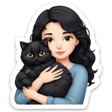 a beautiful medium size girl with black wavy hair hug a black persian cat sticker