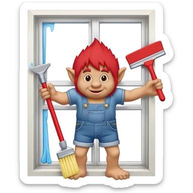 Troll wearing jorts cleaning a window using red squeegee sticker