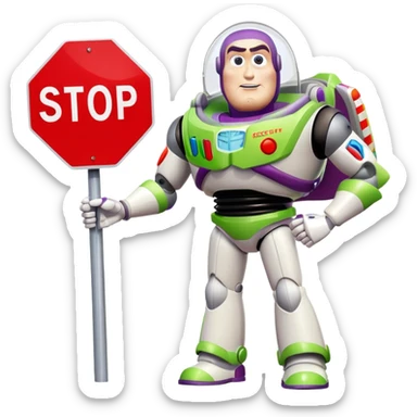 Buzz Lightyear character with a red stop sign above him sticker