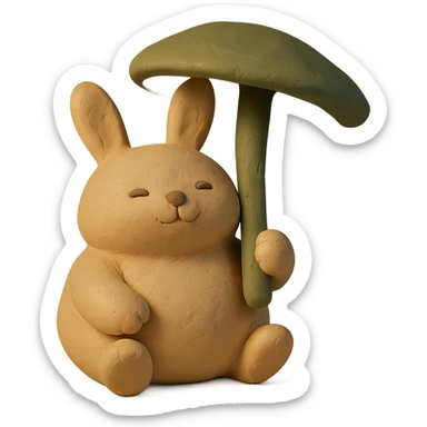 chubby bunny holding a mushroom umbrella, pastel beige and moss green, claymation style sticker