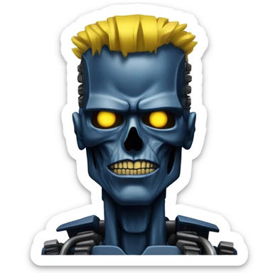 Terminator robot head with dark blue skin and yellow Mohawk  sticker