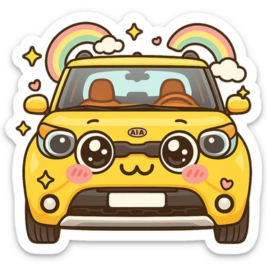 Add a very expressive kawaii face with big shiny eyes and pink cheeks to the car. Add rainbows around the car. Make the whole image even more kawaii. Keep the background transparent. The style should be cute and colorful with a kawaii aesthetic. sticker