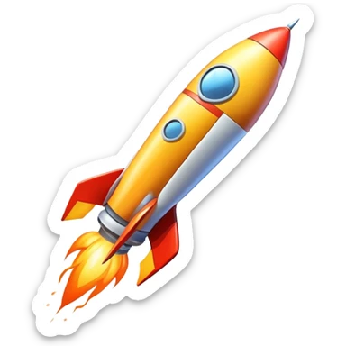 Space rocket, three-dimensional, in a cartoon style, on a white background, bright colors, with a perspective composition, high saturation, prominent details, floating effect, lively atmosphere sticker