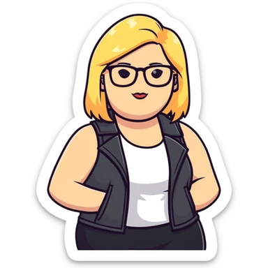 Plus size blonde person with glasses wearing a stylish vest sticker