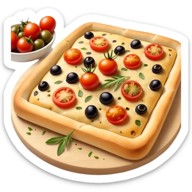cinematic-realistic-isometric focaccia-bread-dish-emoji,-depicted-as-a-golden,-olive-oil-brushed-flatbread-sprinkled-with-herbs-rendered-with-lifelike-texture-and-soft,-appetizing-lighting showing olives on top and the cherry tomatoes sliced sticker