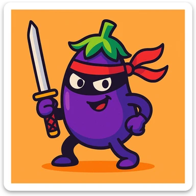 eggplant ninja, holding a katana, playful expression, cartoon style, vibrant and fun sticker